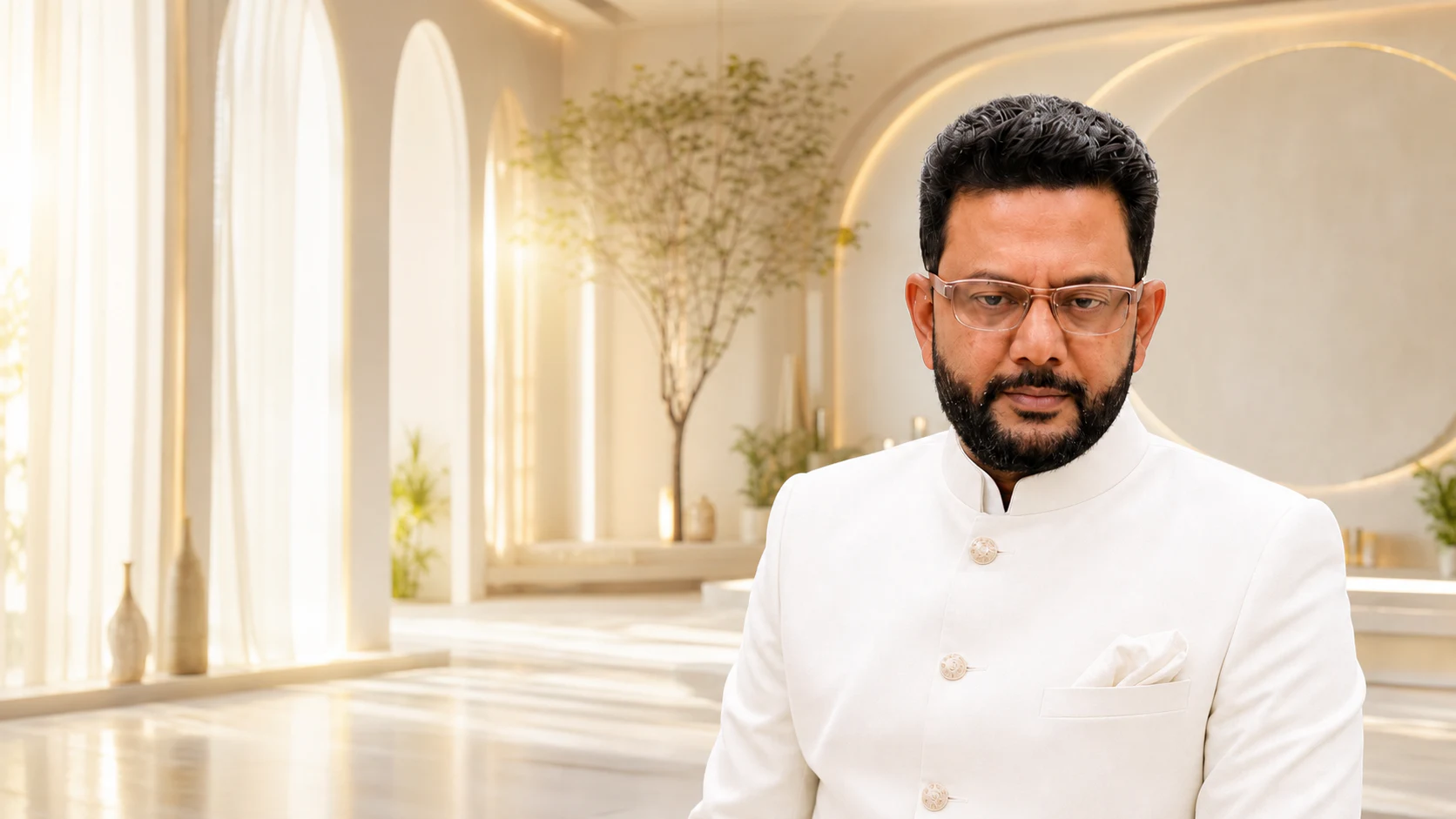 Dr. Ashish Patni in an ivory bandhgala in a luminous modern space